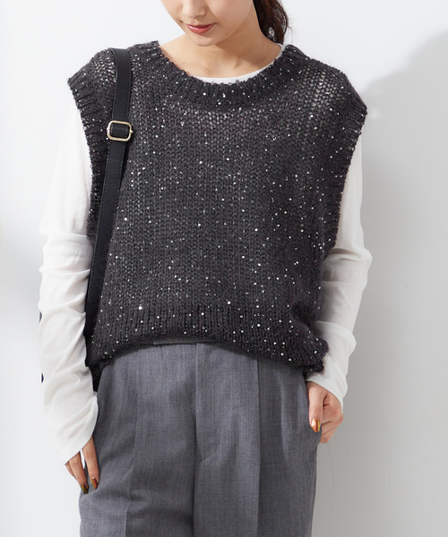 ジャーナルスタンダードレサージュ journal standard L'essage 24AW モヘヤMIXスパンコールベスト ニット ダークグレー /HK ■OS レディー セール】モヘヤMIXスパンコールベスト（ベスト）｜journal