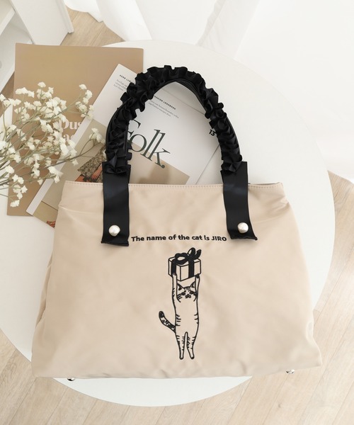 FUNALIVE（ファンアライブ） トートバッグ ネコの刺繍フリルハンドル