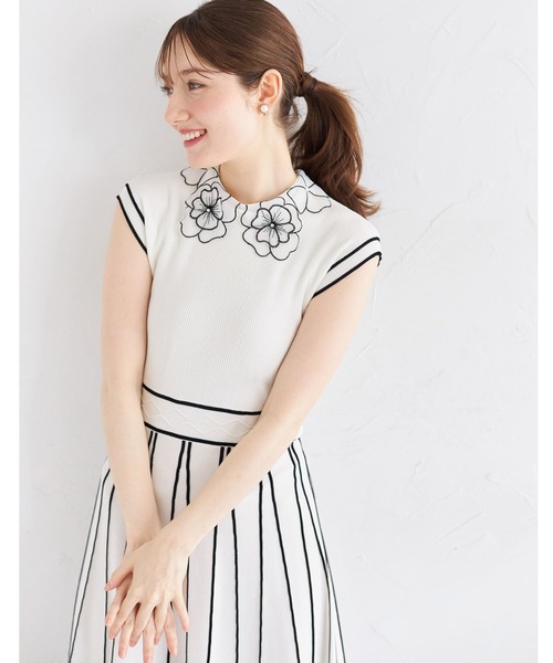 tocco トッコクローゼット　２ＷＡＹフラワーレース襟付き配色ラインワンピ tocco closet ワンピース 2WAYフラワーレース襟付き配色