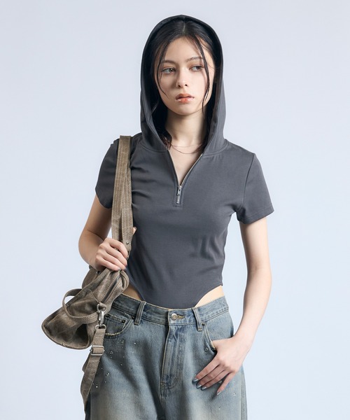 tシャツ フーデットハーフジップボディースーツ レディース ACLENT tシャツ フーデットハーフジップボディースーツ