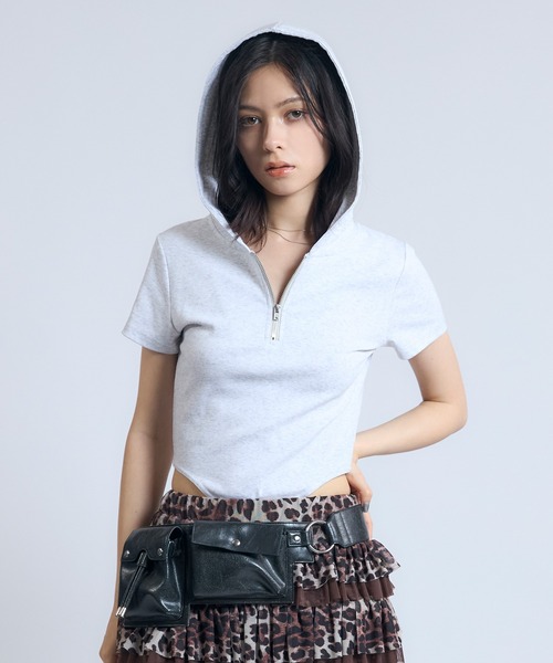 tシャツ フーデットハーフジップボディースーツ レディース ACLENT tシャツ フーデットハーフジップボディースーツ