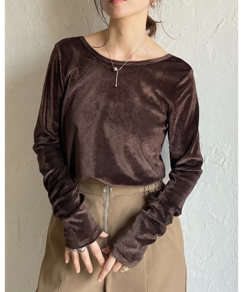 She's Closet tシャツ バックオープンボートネック長袖シアーベロア