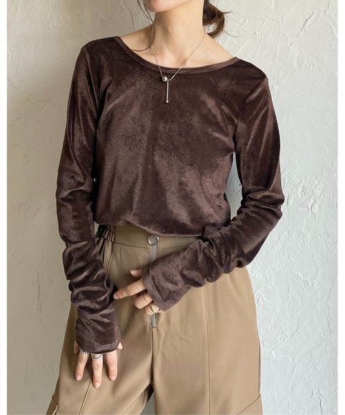She's Closet tシャツ バックオープンボートネック長袖シアーベロア