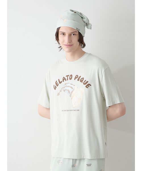 新品 ジェラートピケ Cat柄ワンポイントTシャツ＆ロングパンツ アイボリー gelato pique（ジェラートピケ） パジャマ 「ONLINE限定」「HOMME