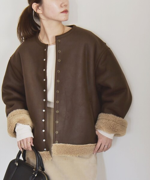 quaranciel ノーカラーコート コート quaranciel: ムートンライク ボア