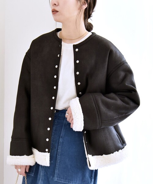 quaranciel ノーカラーコート コート quaranciel: ムートンライク ボア