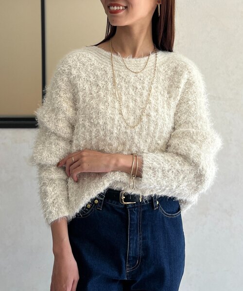 maje paris⭐︎ホワイトラメ入りジップアップニット Chez toi（シェトワ） ニット セーター ラメフェザーモールネッププル
