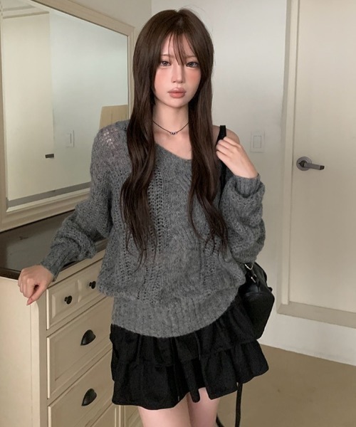 anyonemore ニット セーター Vネックルーズケーブル編みニット