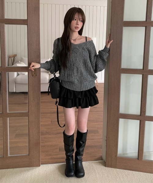 anyonemore ニット セーター Vネックルーズケーブル編みニット