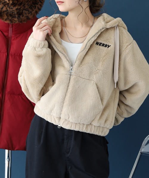 NERDY ブルゾン アウター クロップドエコファーフーディジップアップ