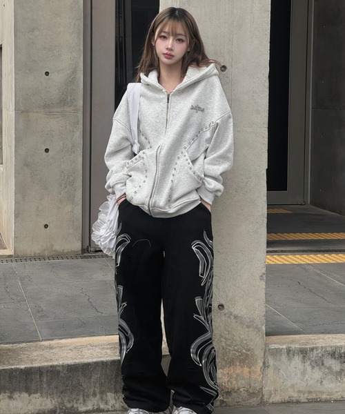 KsG パーカー ラインスタッズロゴフーディー レディース メンズ