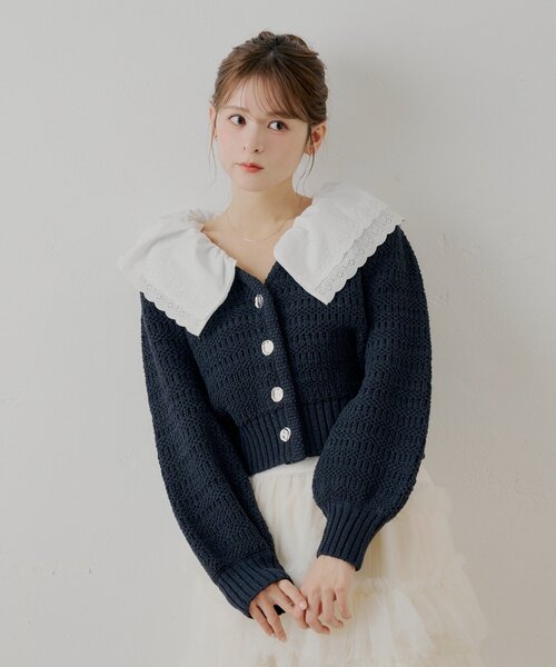フリルデザインデニムカーディガン Ada. カーディガン フリルカラーホックデザイン ニットカーディガン