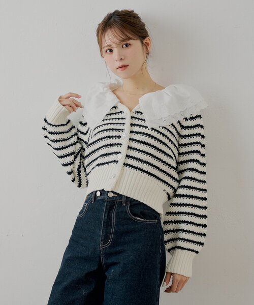 フリルデザインデニムカーディガン Chico（チコ） カーディガン 「SALON by Chico」フリルダブルカラー柄