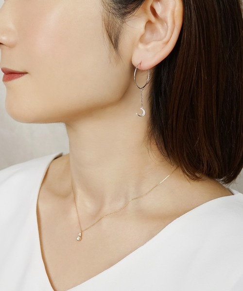 ピアス 「 Palette」K10 ダイヤモンド 星＆月チャーム( WG) レディースの画像