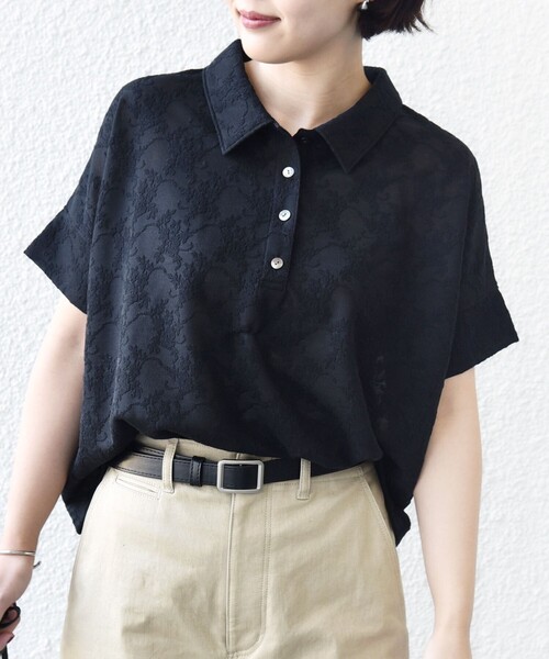 tシャツ 「WEB限定」「手洗い可能」シアー ジャカード ポロ 襟 ショート スリーブ プルオーバー レディースの画像