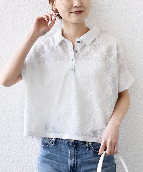 tシャツ 「WEB限定」「手洗い可能」シアー ジャカード ポロ 襟 ショート スリーブ プルオーバー レディースの画像