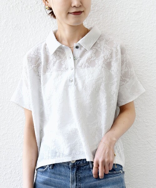 tシャツ 「WEB限定」「手洗い可能」シアー ジャカード ポロ 襟 ショート スリーブ プルオーバー レディースの画像