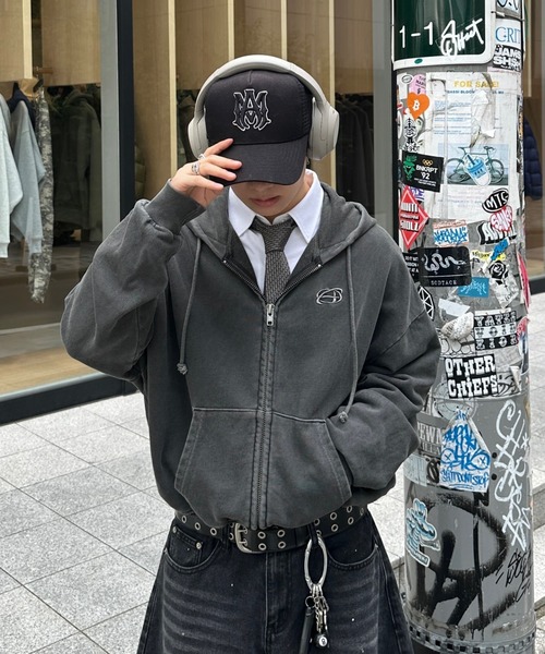 ADAMASTE パーカー　ダブルジップ　ショートフーディー　ダークグレー　M ADAMASTE ジップアップパーカー MEDIUM ダークグレー メンズ
