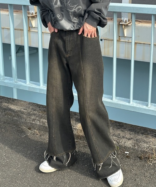 ♥PLEATS PLEASE ♥　デニム風パンツ　　本物　古い未使用品 セール】サイドピンタックブリーチウォッシュロングワイドデニム
