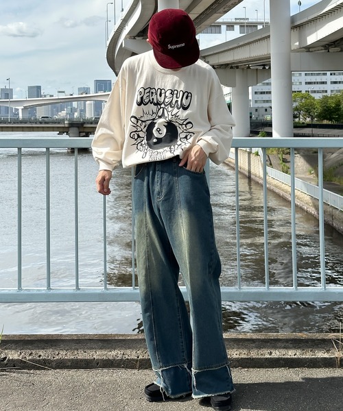 Perushu ワイドパンツ ジーンズ フリンジカットオフセミフレアデニム