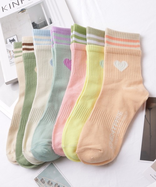 G1813 ララソ Lace Ladies 靴下 「7足セット」フェイクレイヤード配色