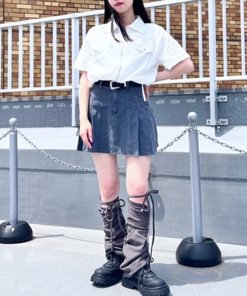 ブラウス シャツ クロップトZIP半袖シャツ レディース