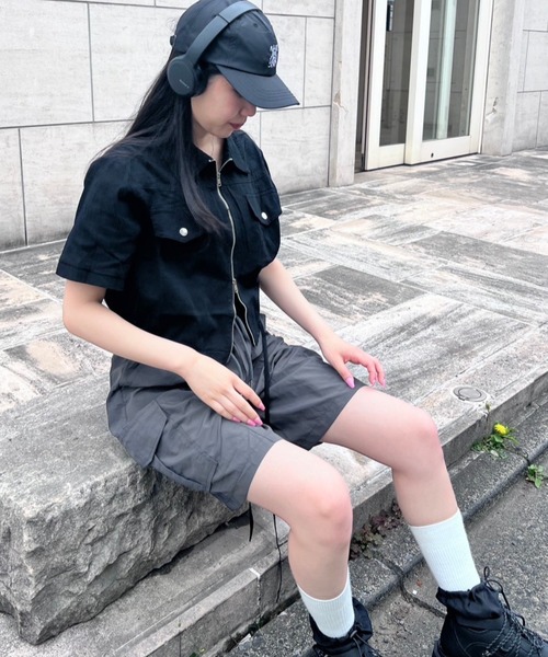 ブラウス シャツ クロップトZIP半袖シャツ レディース