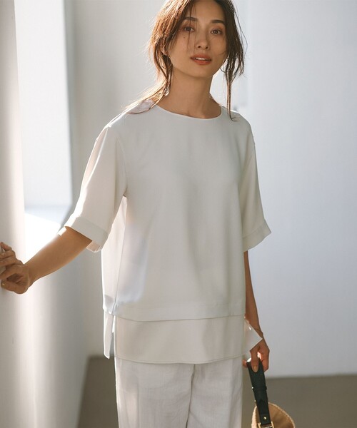 tシャツ 「洗える」ストレッチジョーゼット ラウンドネック カットソー レディース