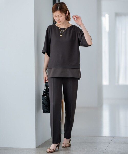 今期【洗える】ネイビー　ストレッチ ジョーゼット ラウンドネック カットソー 23区 tシャツ 「洗える」ストレッチジョーゼット ラウンドネック