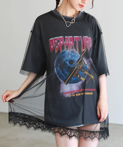 tシャツ ピグメント加工 ロックTシャツシアーチュールトップス2点セット レディース