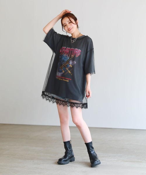 tシャツ ピグメント加工 ロックTシャツシアーチュールトップス2点セット レディース uora tシャツ ピグメント加工 ロックTシャツシアーチュール