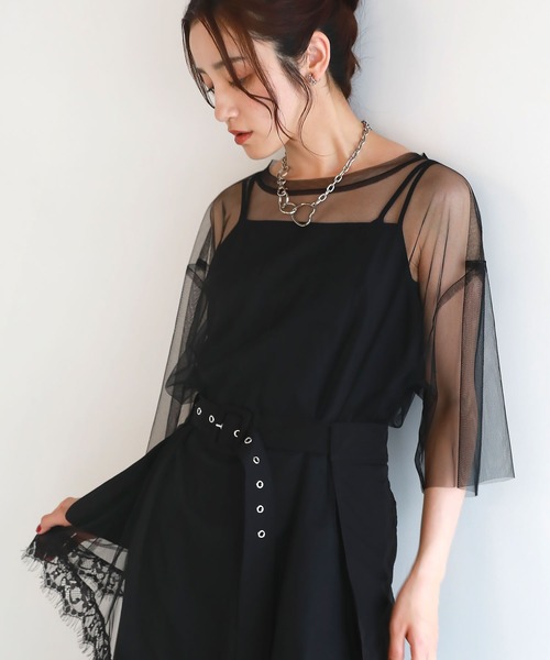 コムコムAD2022AW ブラック チュール付きTシャツS コムコムAD2022AW