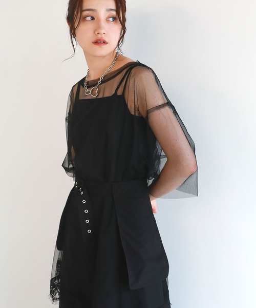 tシャツ ピグメント加工 ロックTシャツシアーチュールトップス2点セット レディース uora tシャツ ピグメント加工 ロックTシャツシアーチュール