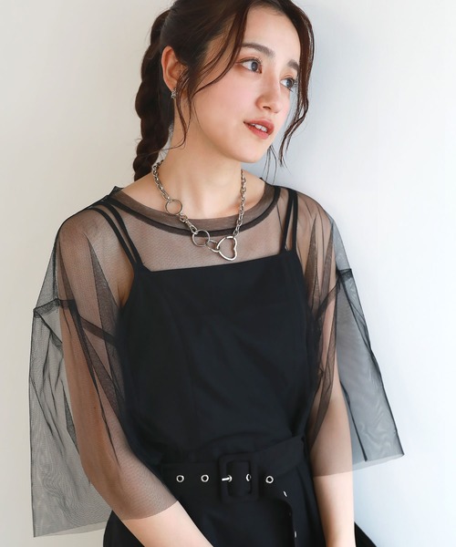 tシャツ ピグメント加工 ロックTシャツシアーチュールトップス2点セット レディース uora tシャツ ピグメント加工 ロックTシャツシアーチュール
