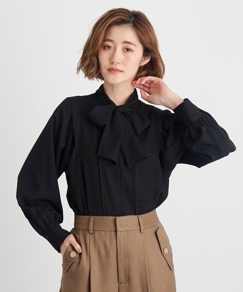 b3731【グローブ】レディース　ブラウス　長袖　ボウタイ　ブラウン　L grove ブラウス シャツ ウイングスリーブボウタイブラウス