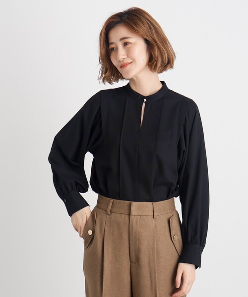 b3731【グローブ】レディース　ブラウス　長袖　ボウタイ　ブラウン　L grove ブラウス シャツ ウイングスリーブボウタイブラウス