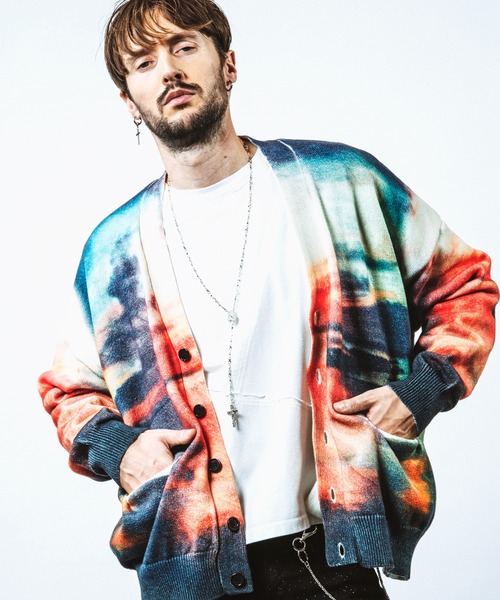 カーディガン 「NO ID.」Sunrise Print Knit Cardigan / Sunrise プリント ニット カーディガン メンズ