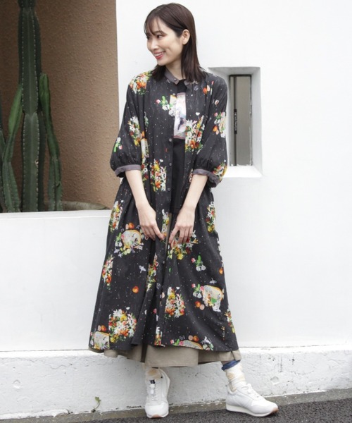 ワンピース K様 フロントフリル 切替パイピング ウエストゴム 花柄 ワンピース