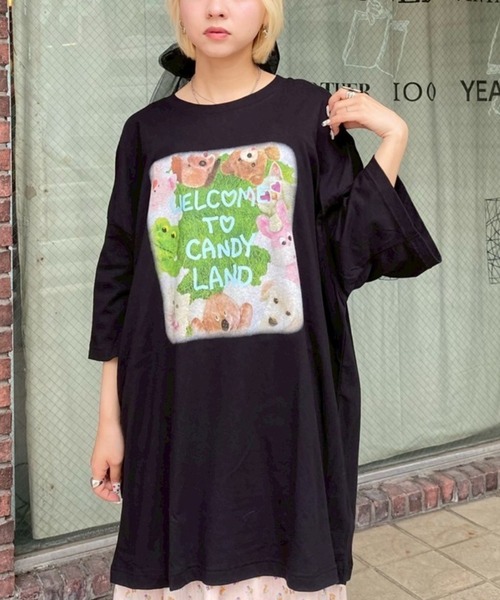 Candy Stripper Tシャツ　半袖トップス　リンガーT 刺繍デザイン Candy Stripper tシャツ CANDY LAND BIG Tシャツ レディース