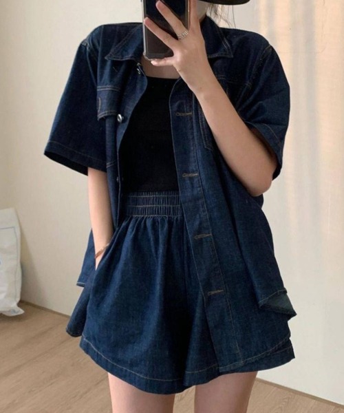 ブラウス シャツ デニムシャツ+ショートパンツセットアップ レディース