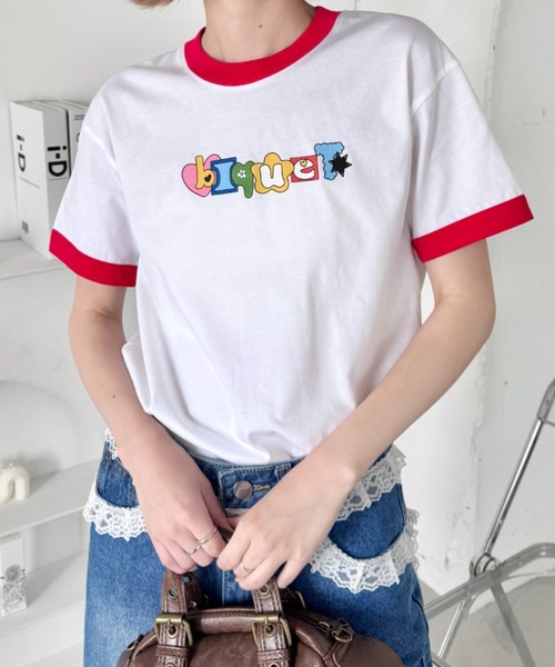 SOLLON. tシャツ カラフルロゴ半袖リンガーTシャツ レディース
