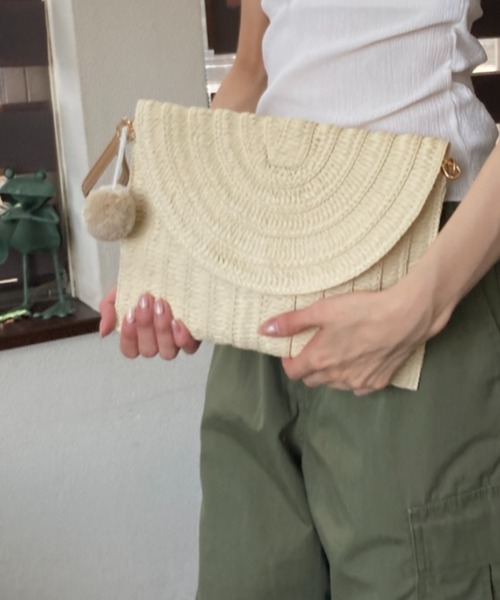 ショルダーバッグ バッグ ペーパー素材メッシュ編みストローフラップ
