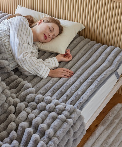 ベッド 寝具 モコモコ敷パッド ストライプ ラビットファー調│シングル