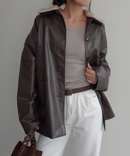 Rashik カバーオール ボア襟付きフェイクレザーカバーオール