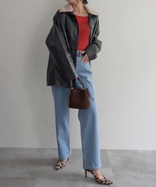 Rashik カバーオール ボア襟付きフェイクレザーカバーオール