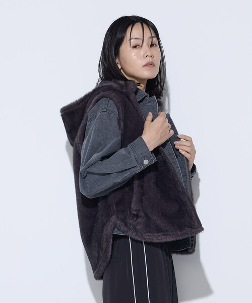 リアルファー ベルト付き ベスト ジレ フード フリンジ ふかふか 