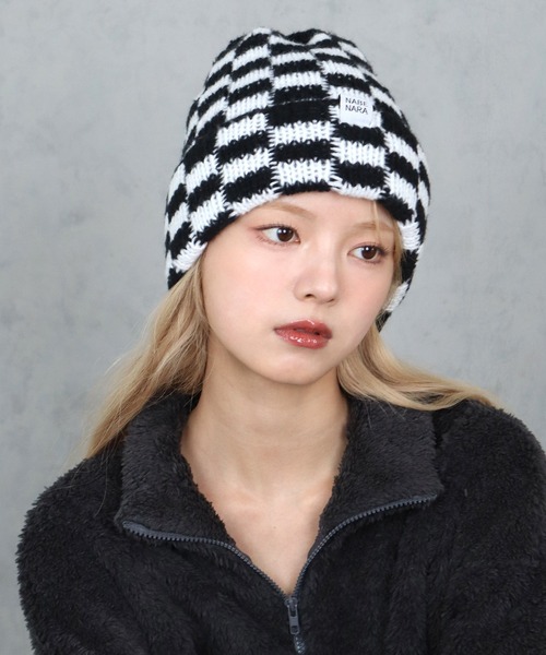 【未使用】AFB ニットキャップ　チェック BARELY BLUE ニット帽 ニットキャップ 「 BARELY BLUE / ベアリー