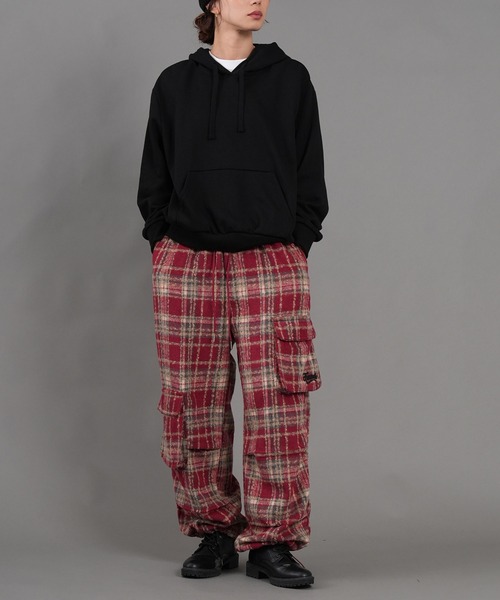 WORKS カーゴパンツ 紡毛 チェック アシメトリーポケット レディース