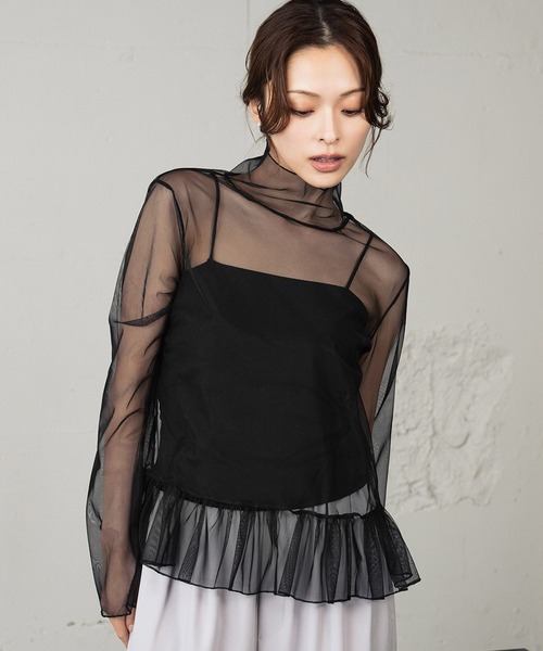 LOWO tシャツ シースルートップス ハイネック タートルネック インナー 