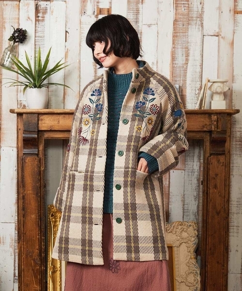 ホコモモラ ポンチョコート チェック柄 編み込み カラフル L ホコモモラ ポンチョコート チェック柄 編み込み カラフル L